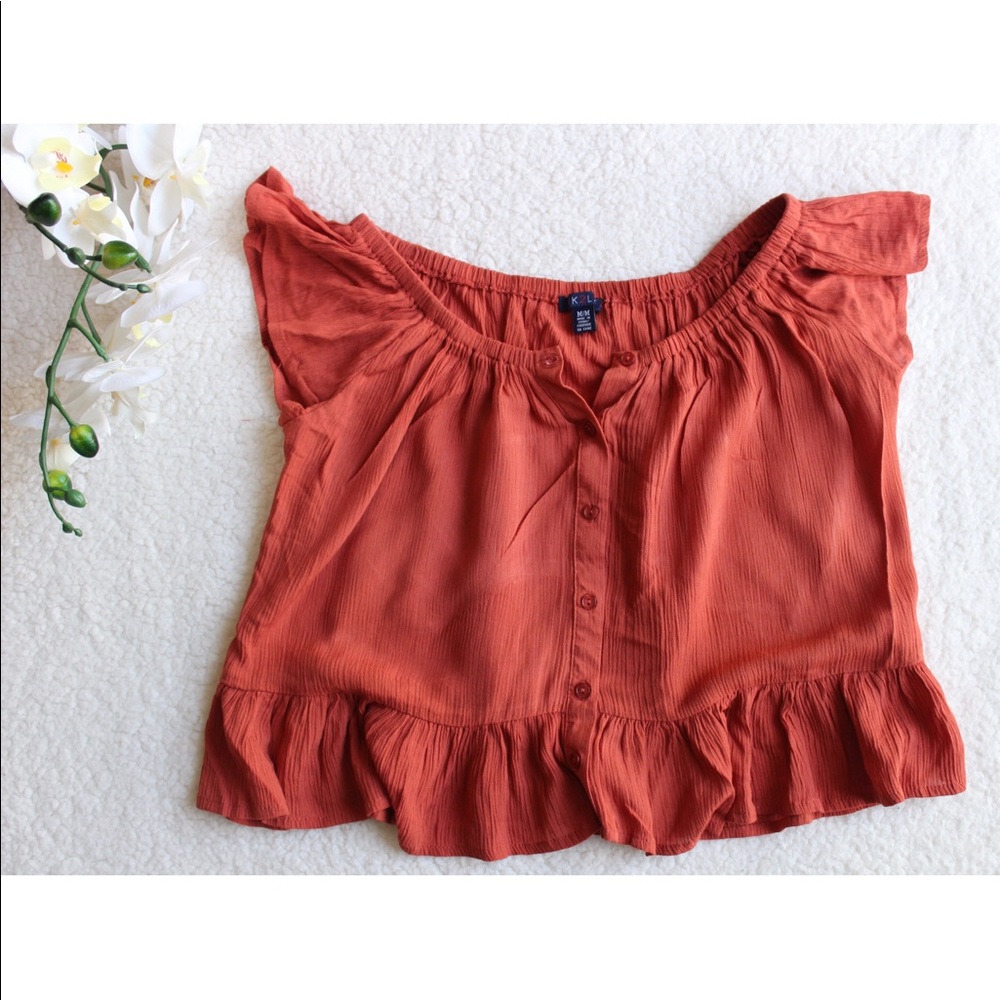 UK2LA Cropped Red/Rust Short Sleeve Button Front